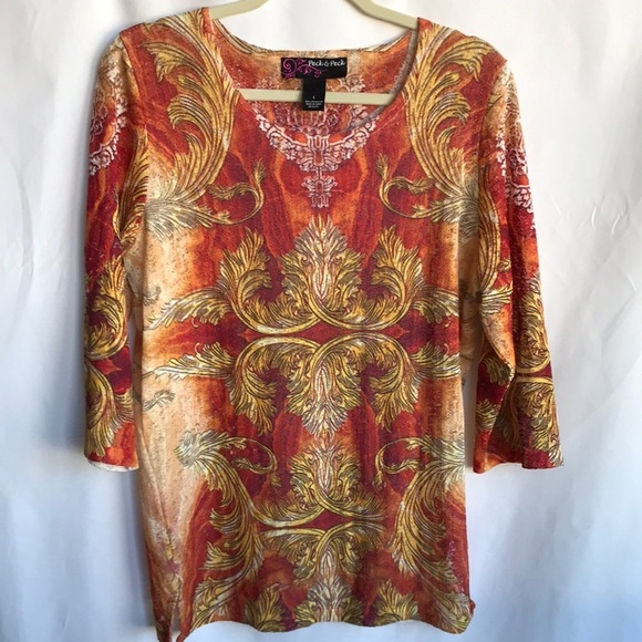 Peck & Peck lightweight yellow, orange, and white 3/4-sleeve stretchy tunic, L - Picture 1 of 6